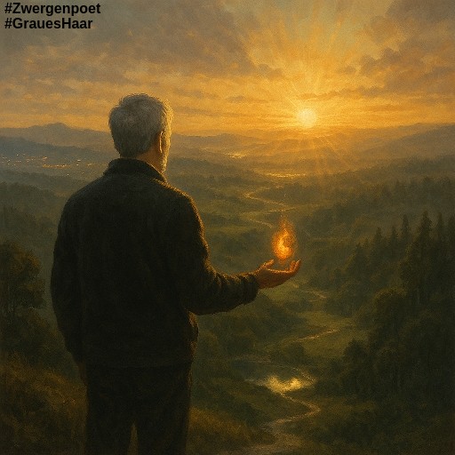 Ein älterer Mann mit grauem Haar schaut in ein bewaldetes Tal hinunter, der Sonne entgegen. In seiner rechten Hand schwebt eine Flamme.
